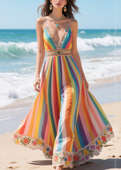 Rainbow V Neck Striped Chiffon Spaghetti Strap Dress Summer