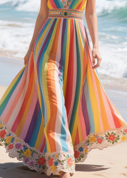 Rainbow V Neck Striped Chiffon Spaghetti Strap Dress Summer