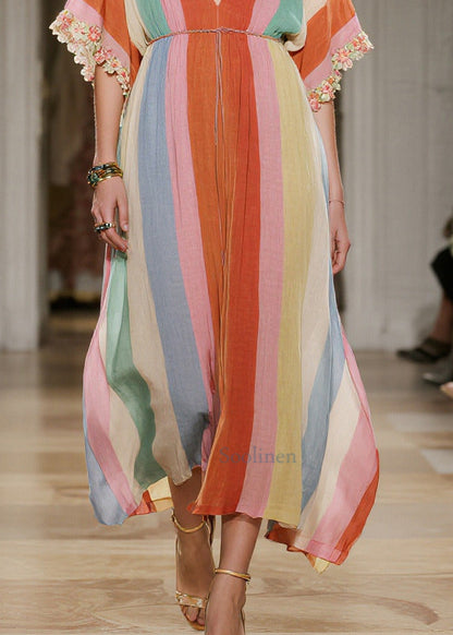Rainbow V Neck Striped Cotton Maxi Dresses Summer