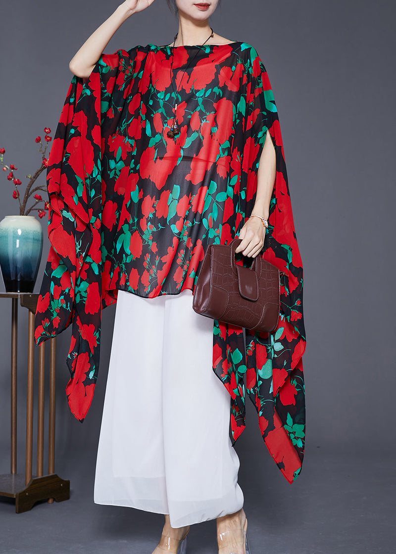Red Asymmetrical Print Chiffon Long Smock Batwing Sleeve