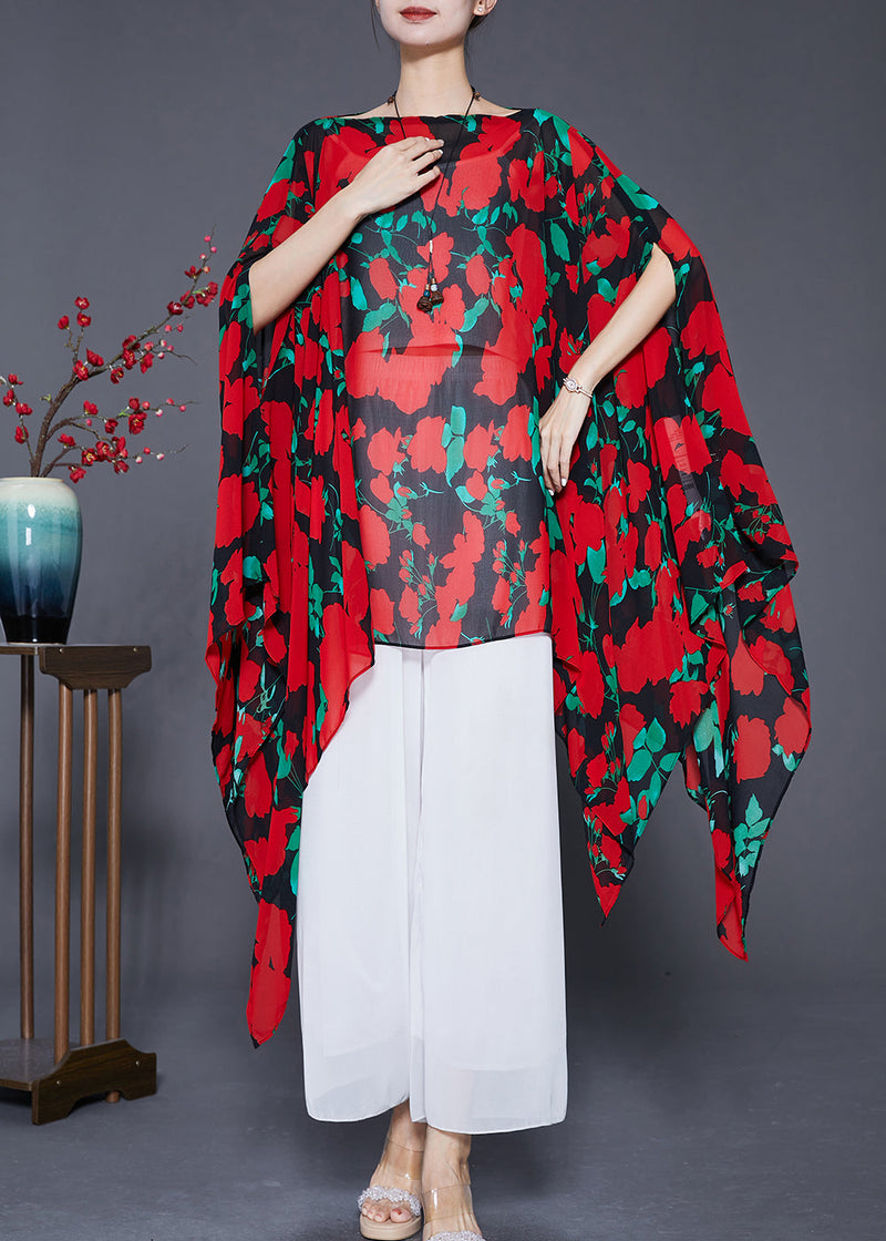 Red Asymmetrical Print Chiffon Long Smock Batwing Sleeve
