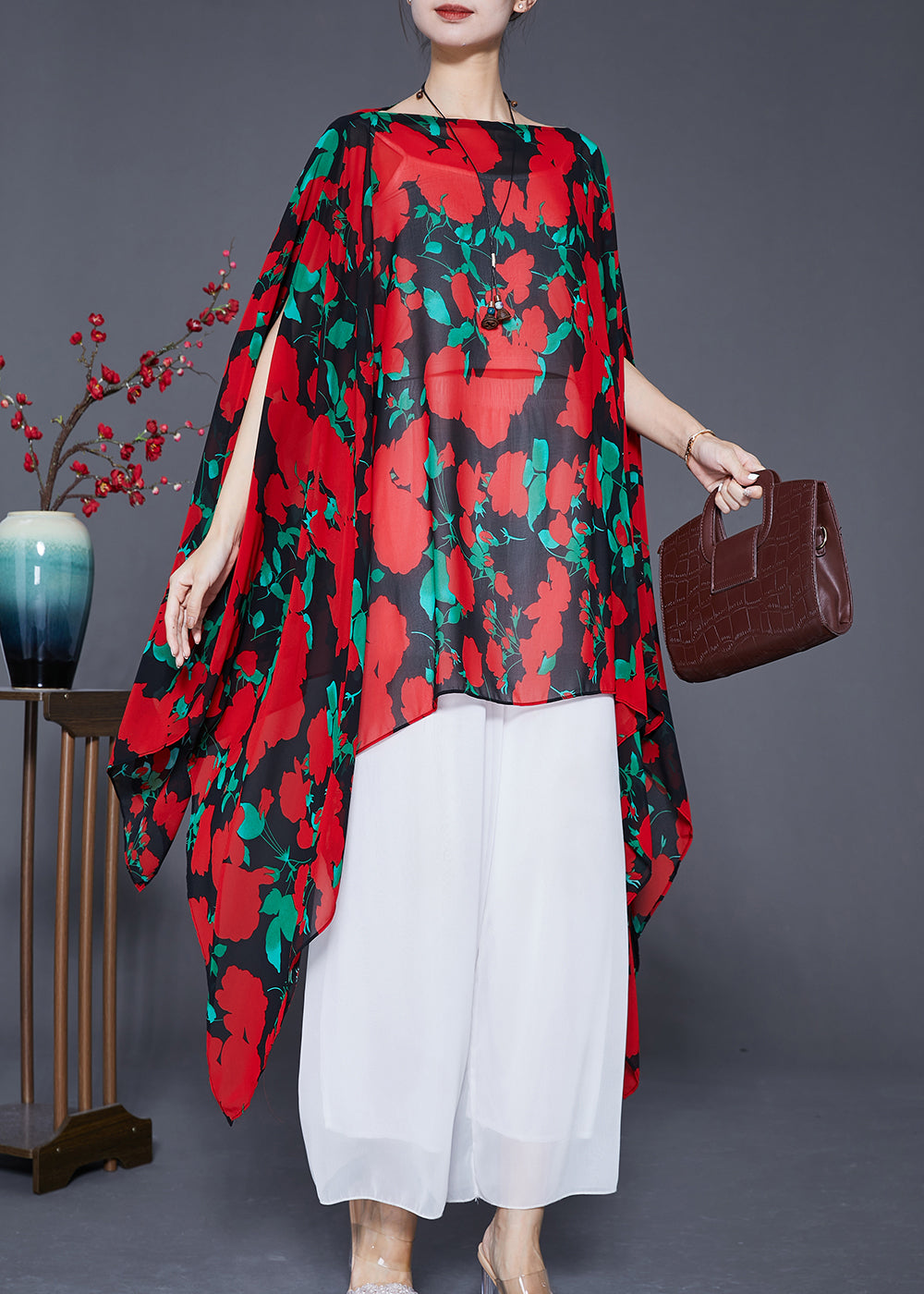 Red Asymmetrical Print Chiffon Long Smock Batwing Sleeve