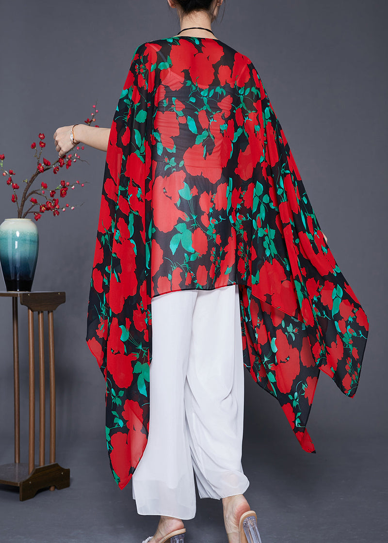Red Asymmetrical Print Chiffon Long Smock Batwing Sleeve