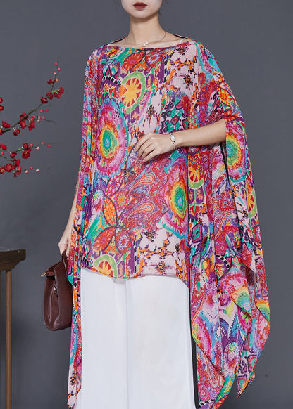 Red Asymmetrical Print Chiffon Shirt Tops Summer