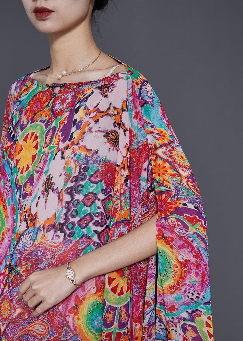 Red Asymmetrical Print Chiffon Shirt Tops Summer