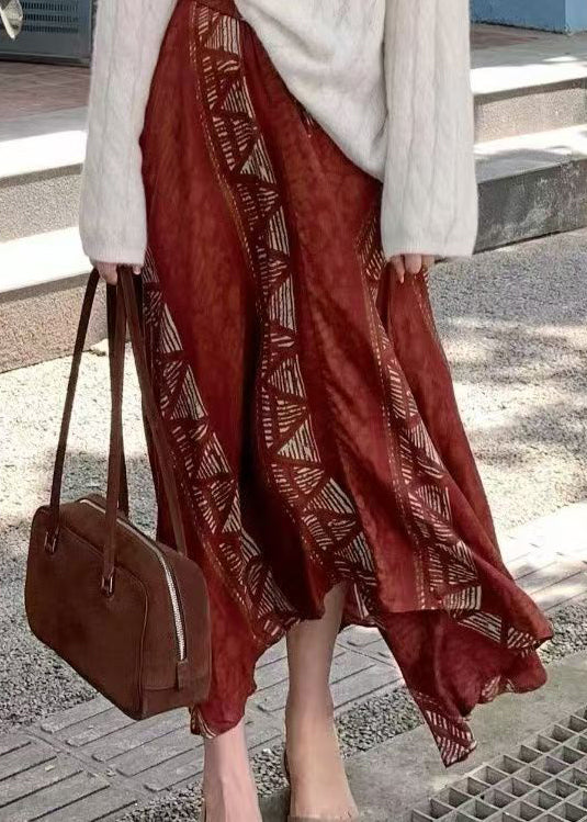 Red Asymmetrical Print Cotton Skirts Spring