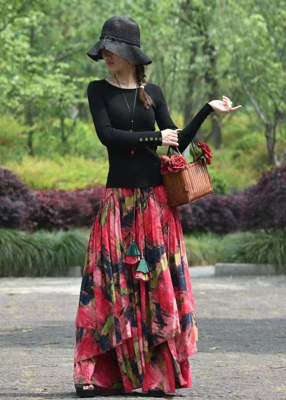 Red Asymmetrical Print Exra Large Hem Cotton Skirt Spring