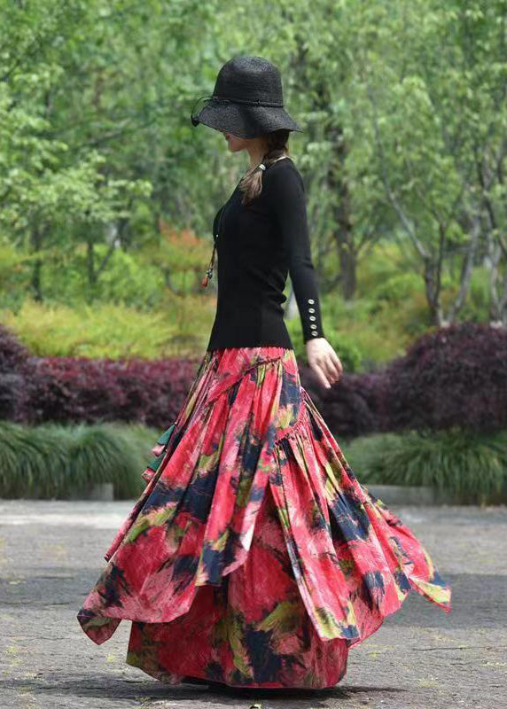 Red Asymmetrical Print Exra Large Hem Cotton Skirt Spring