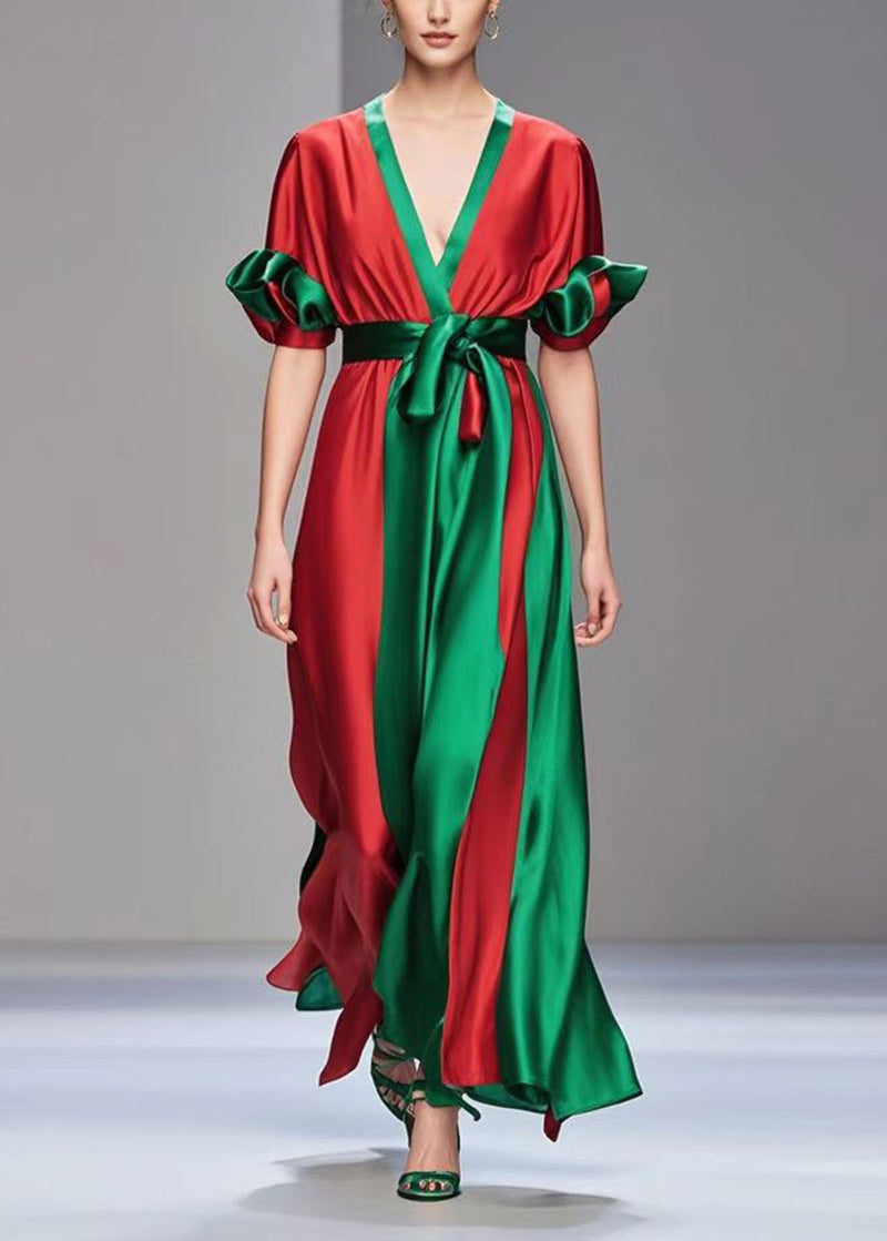 Red Cinched Patchwork Draping Silk Dress Petal Sleeve