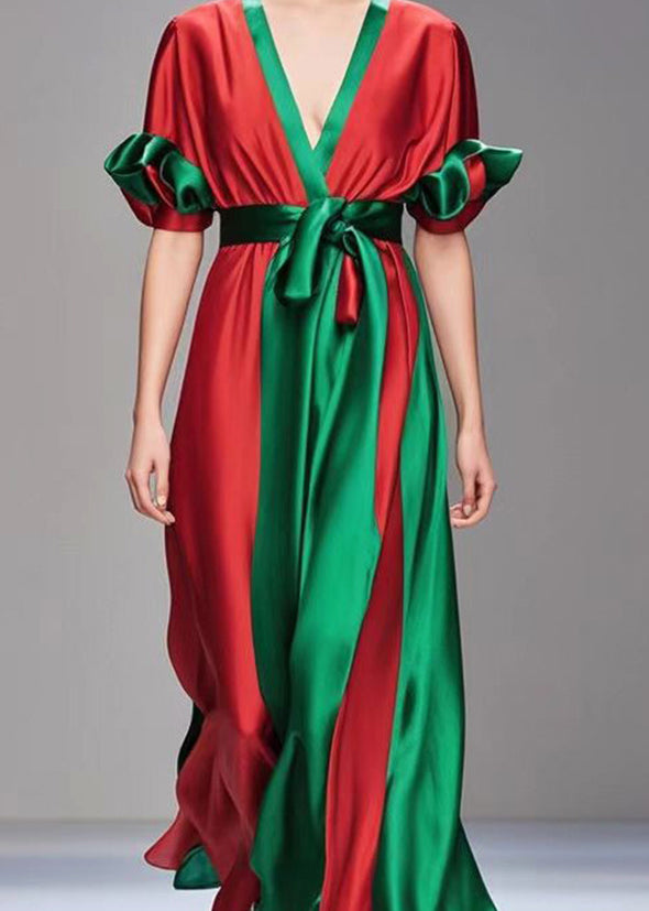 Red Cinched Patchwork Draping Silk Dress Petal Sleeve