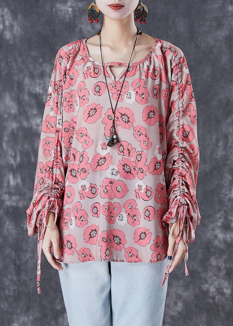 Red Cinched Print Shirt Top Fall