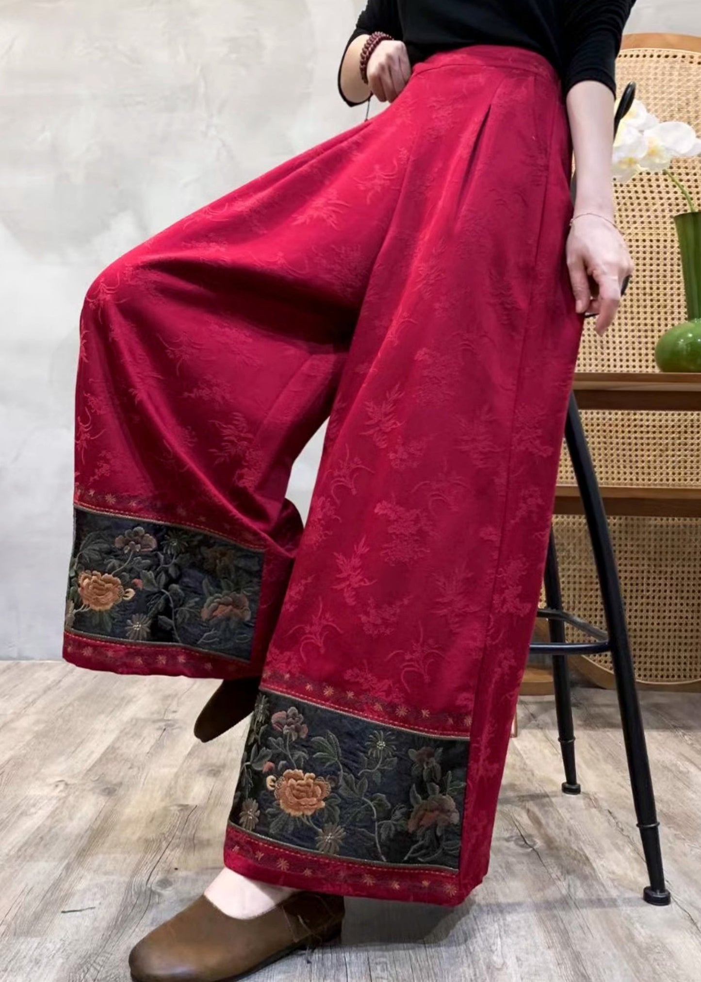 Red Embroidered Jacquard Cotton Pants Spring