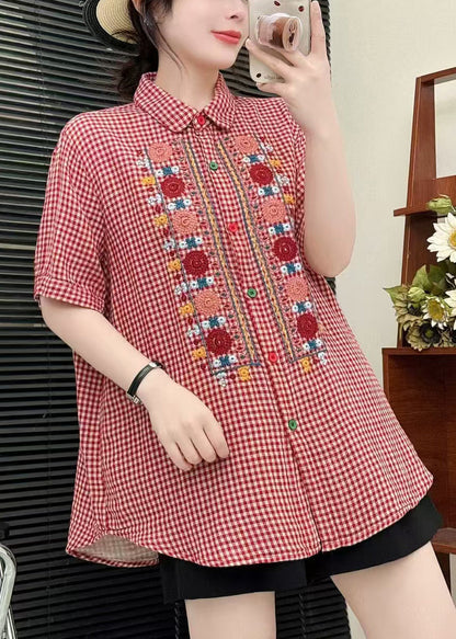 Red Embroidered Plaid Linen Tops Summer