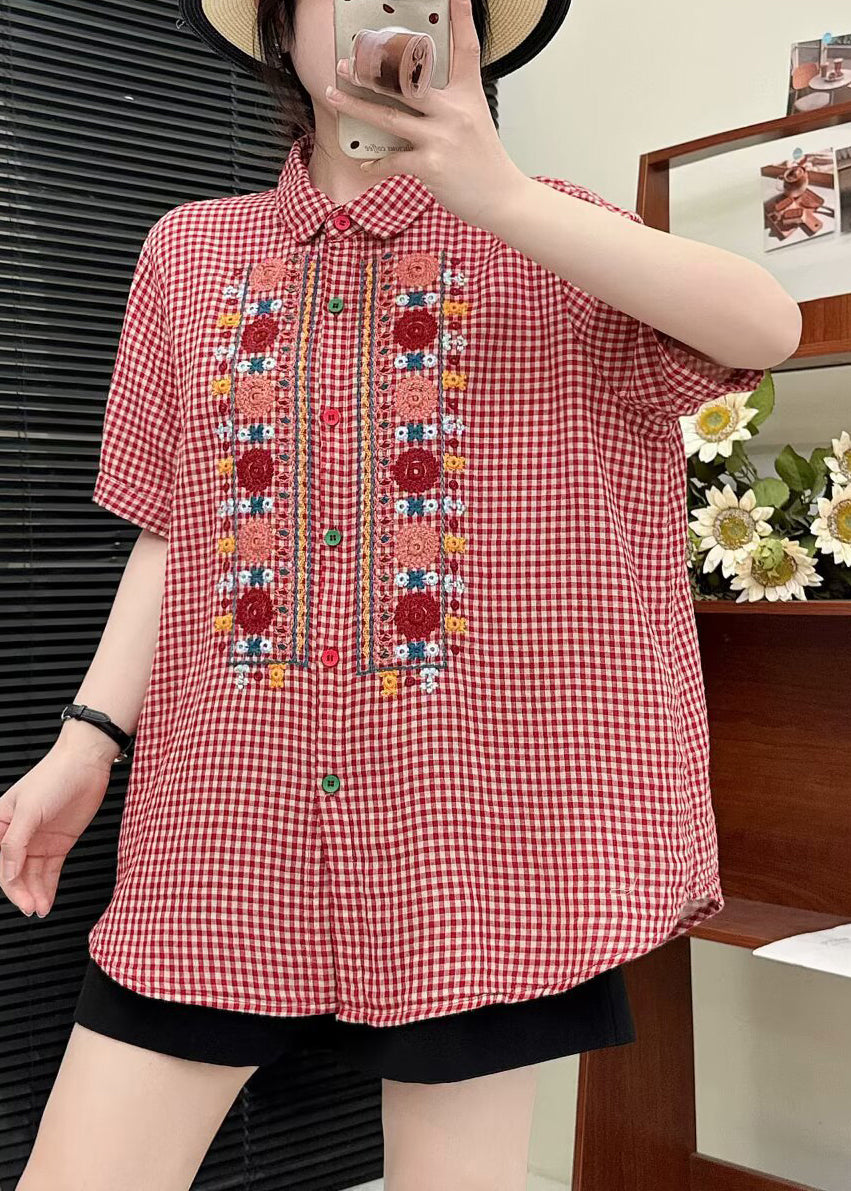 Red Embroidered Plaid Linen Tops Summer