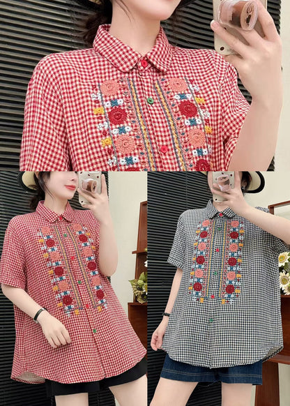 Red Embroidered Plaid Linen Tops Summer