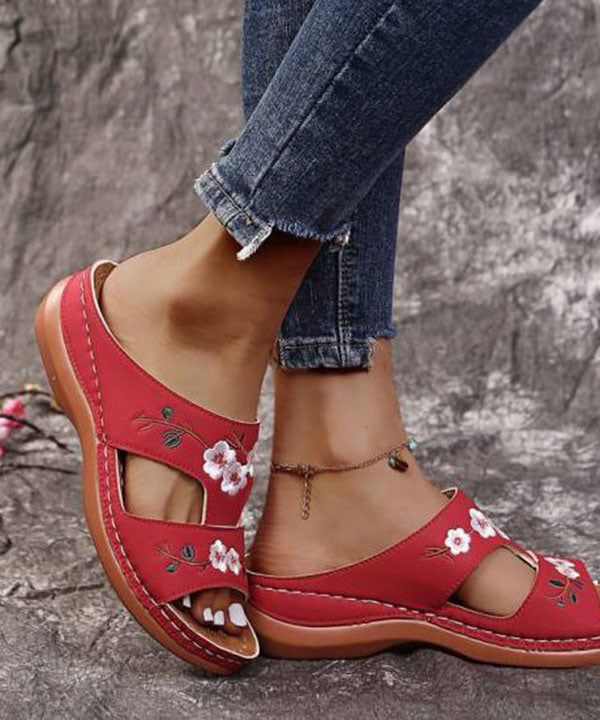 Red Embroideried Faux Leather Splicing Wedge Slide Sandals