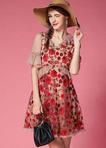Red Embroideried Patchwork Tulle Vacation Dress Short Sleeve
