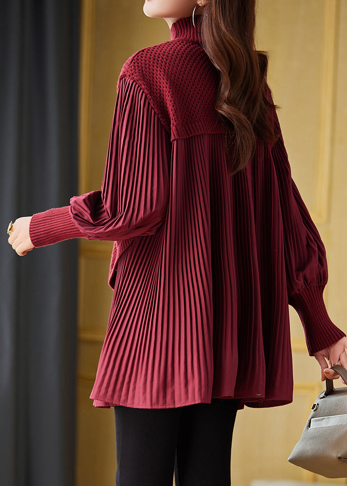 Red High Neck Patchwork Knit Pleated Shirts Spring