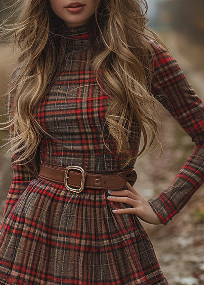 Red Hign Neck Plaid Cotton Mini Dress Spring