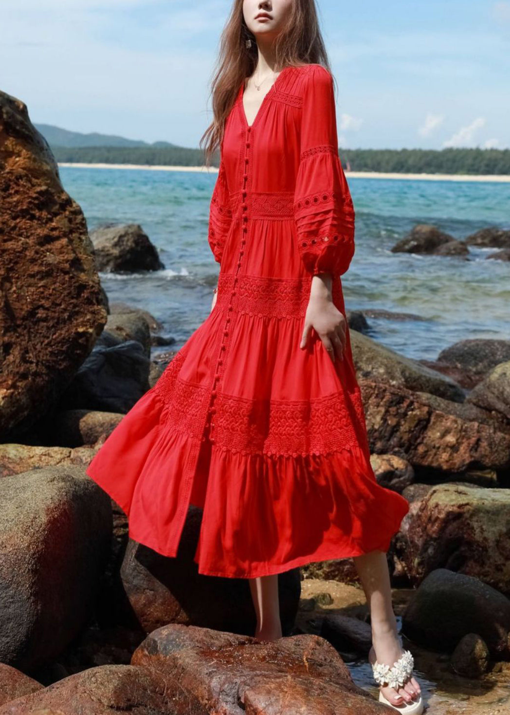 Red Hollow Out Lace Button Shirts Dress Lantern Sleeve