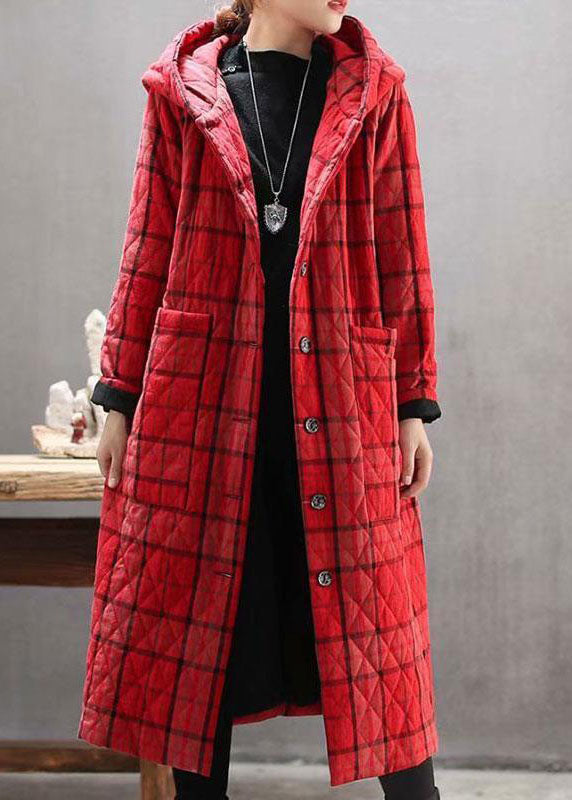 Red Hooded Plaid Pockets Fine Cotton Filled Long Coat Outwear Winter