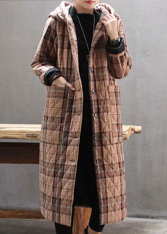 Red Hooded Plaid Pockets Fine Cotton Filled Long Coat Outwear Winter
