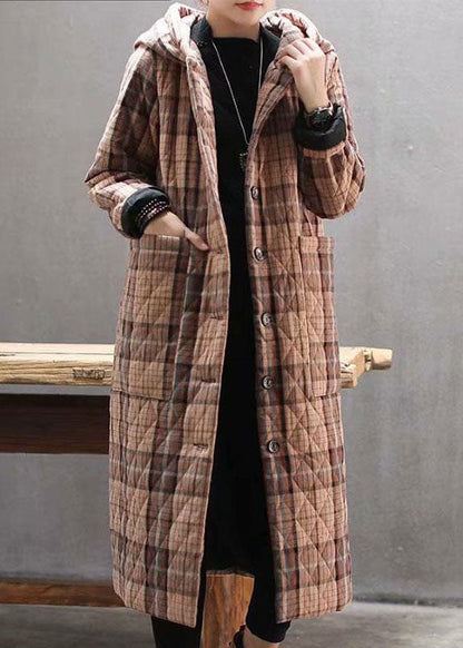 Red Hooded Plaid Pockets Fine Cotton Filled Long Coat Outwear Winter