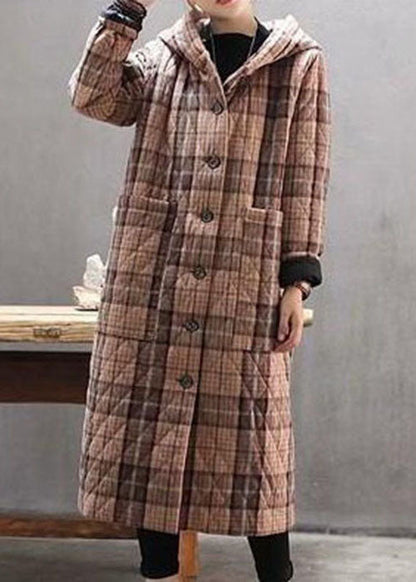 Red Hooded Plaid Pockets Fine Cotton Filled Long Coat Outwear Winter