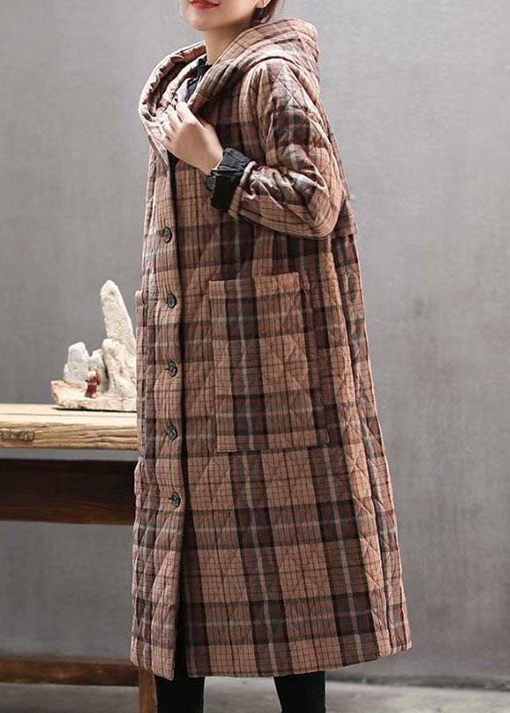 Red Hooded Plaid Pockets Fine Cotton Filled Long Coat Outwear Winter