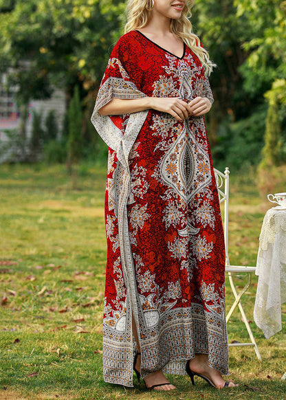 Red Maxi Dress V Neck Print Summer
