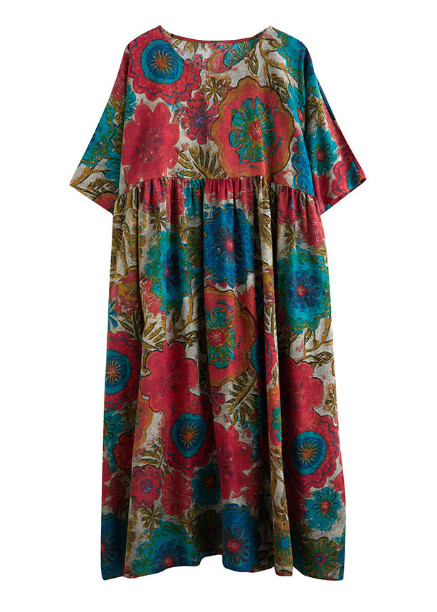 Red O-neck Cinched Print Linen Long Dress Short Sleeve