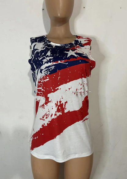 Red O-neck Flag Print Cotton Tank Top Sleeveless