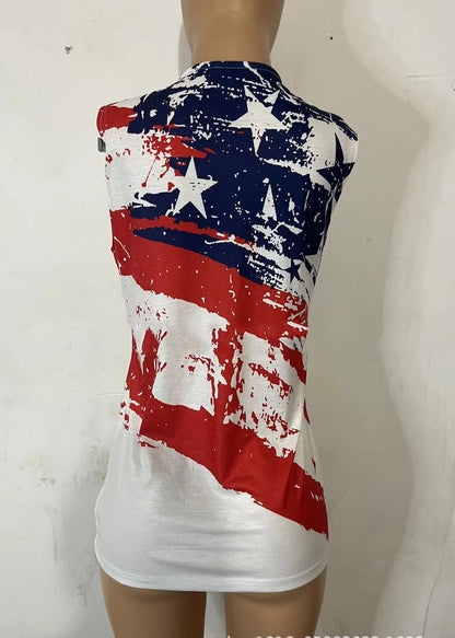 Red O-neck Flag Print Cotton Tank Top Sleeveless