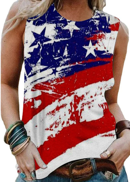 Red O-neck Flag Print Cotton Tank Top Sleeveless