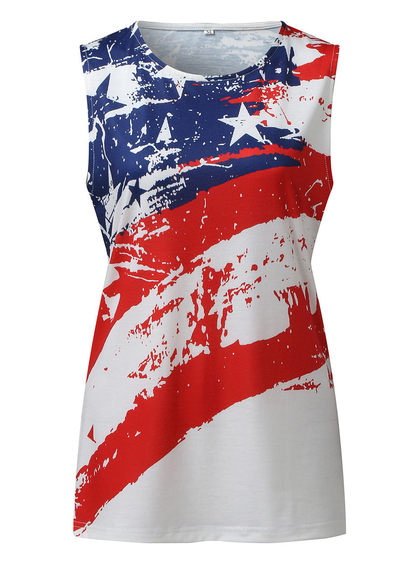 Red O-neck Flag Print Cotton Tank Top Sleeveless