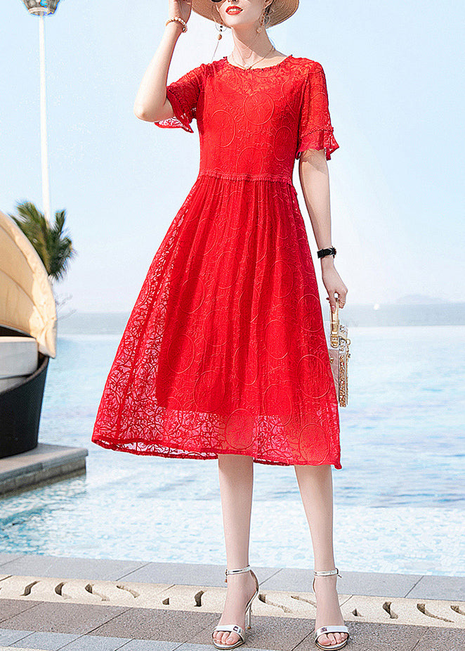 Red O-neck Original Design Lace Dresses Short Sleeve