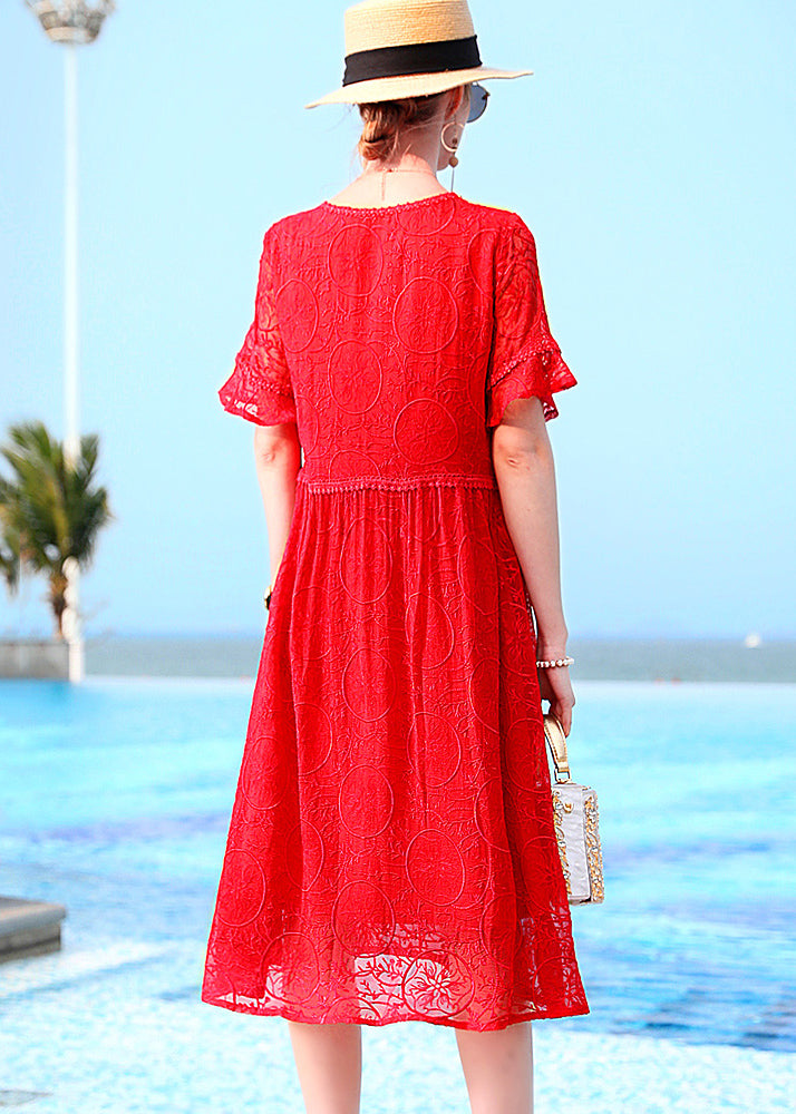 Red O-neck Original Design Lace Dresses Short Sleeve