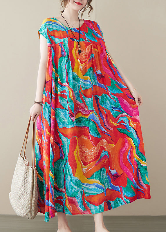 Red O-neck Patchwork Print Linen Beach Long Dresses Short Sleeve
