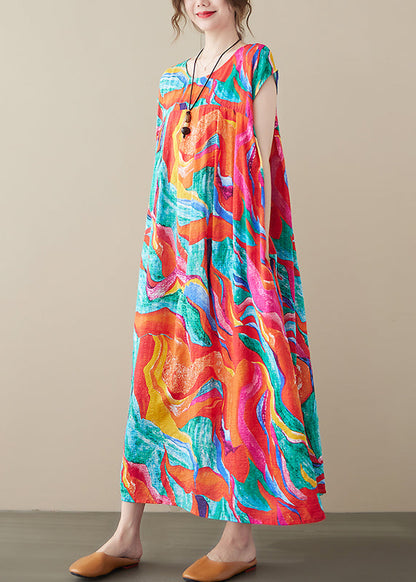 Red O-neck Patchwork Print Linen Beach Long Dresses Short Sleeve