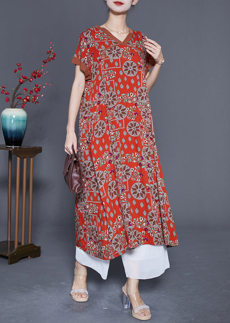 Red O-neck Print Cotton Long Dress Summer