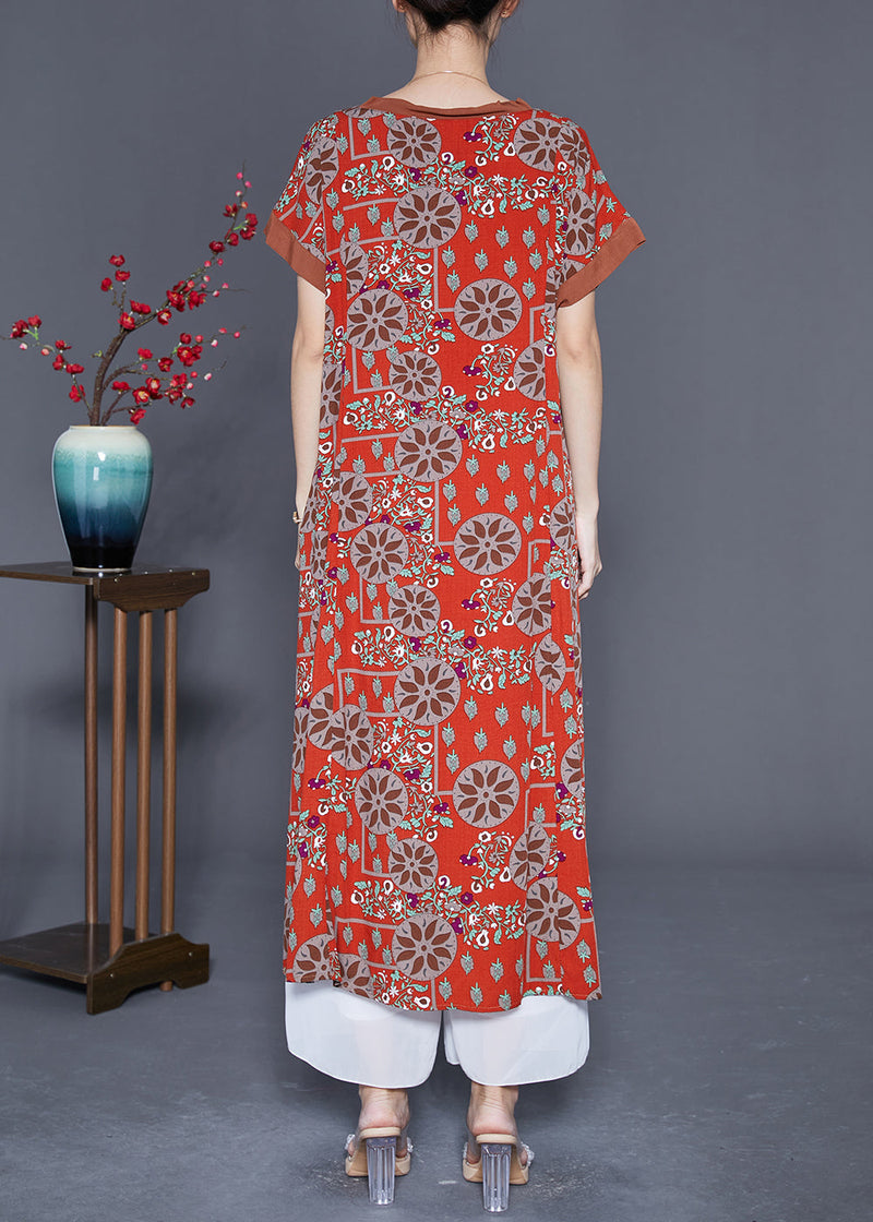 Red O-neck Print Cotton Long Dress Summer