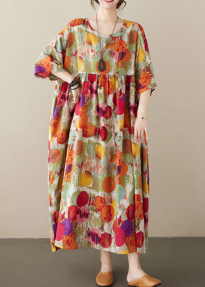 Red O-neck Print Cozy Long Dress Summer