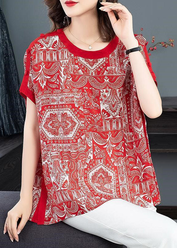 Red O-neck Print Draping Chiffon Tank Tops Short Sleeve