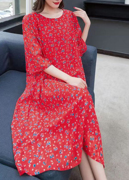 Red O Neck Print Patchwork Chiffon Dress Summer