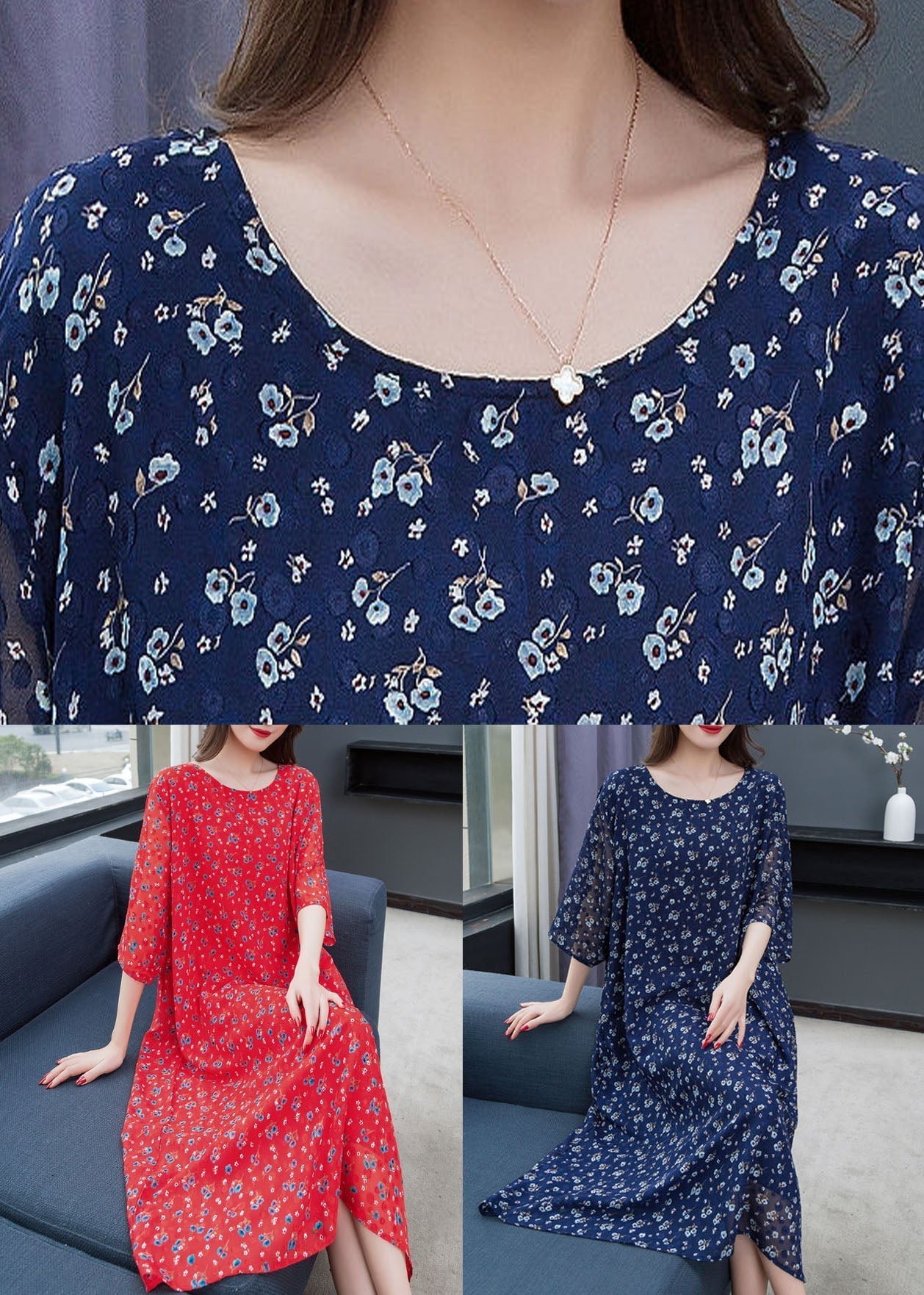 Red O Neck Print Patchwork Chiffon Dress Summer