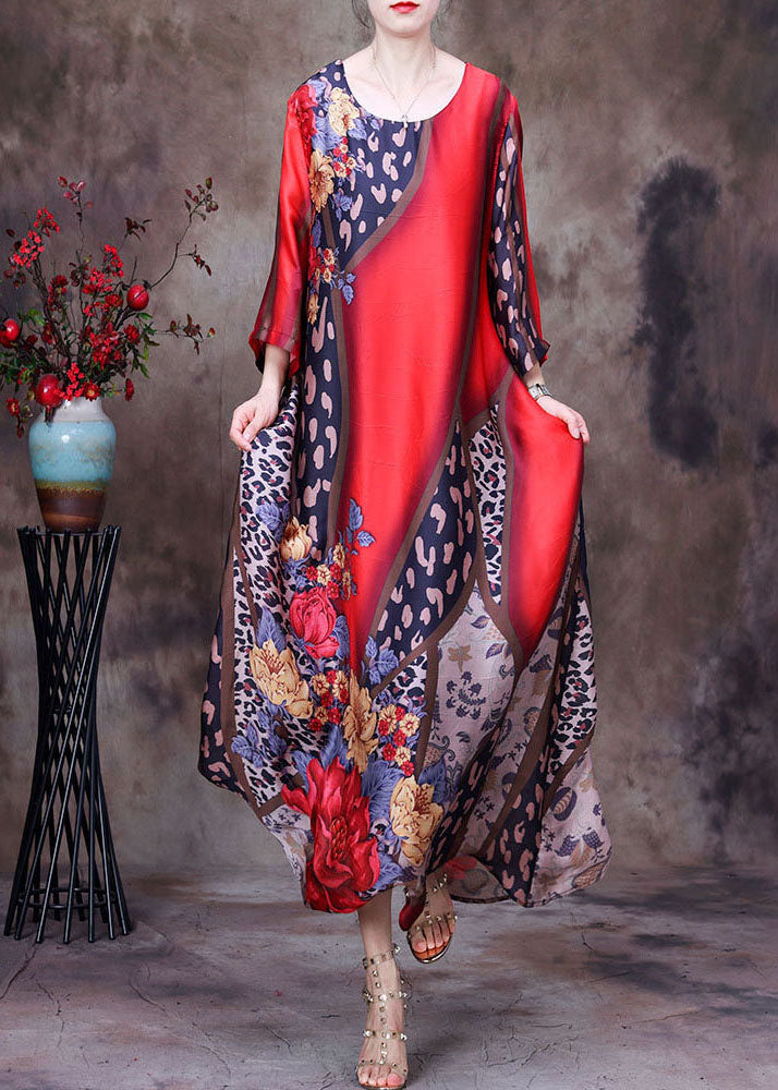 Red O-neck Print Side Open Silk Long Dress Short Sleeve