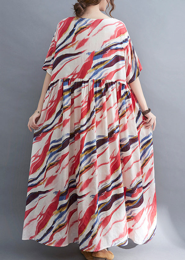 Red O-neck Print Wrinkled Long Dress Short Sleeve