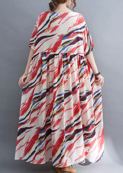 Red O-neck Print Wrinkled Long Dress Short Sleeve