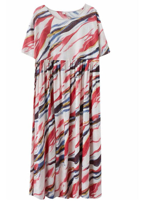 Red O-neck Print Wrinkled Long Dress Short Sleeve
