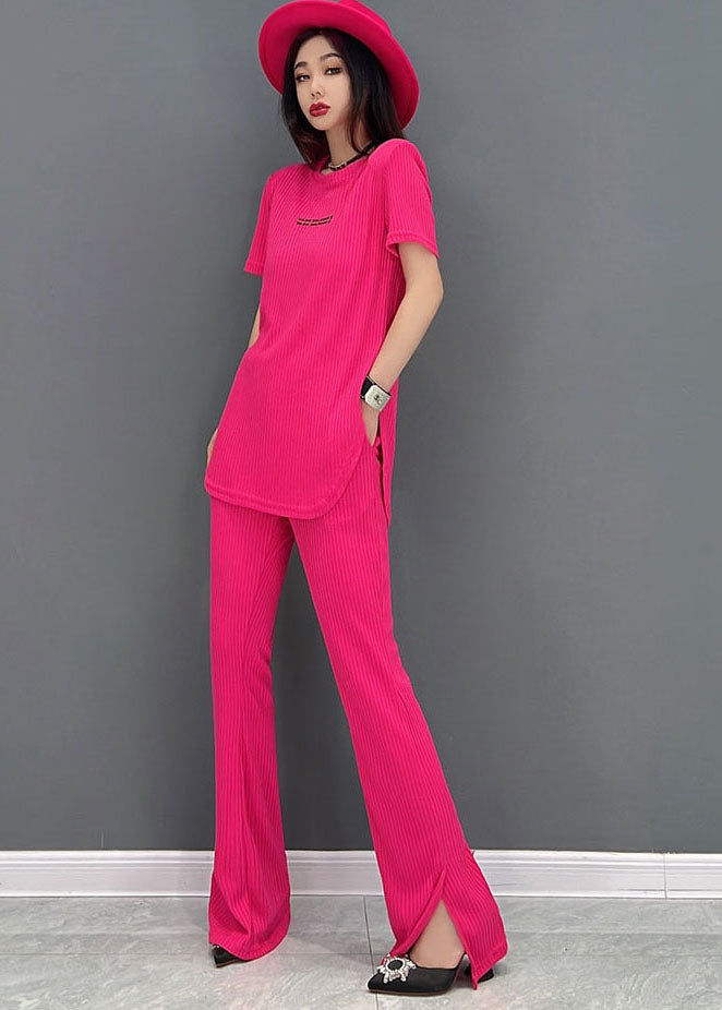 Red O-neck Side Open Letter Cotton Tops and Flare Pants Two Piece Set Outfits Short Sleeve